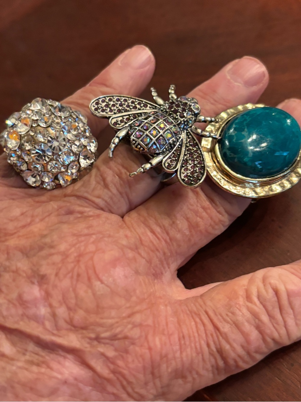 Crystal Bee Ring, hammered metal and faux turquoise and a crystal dome ring.